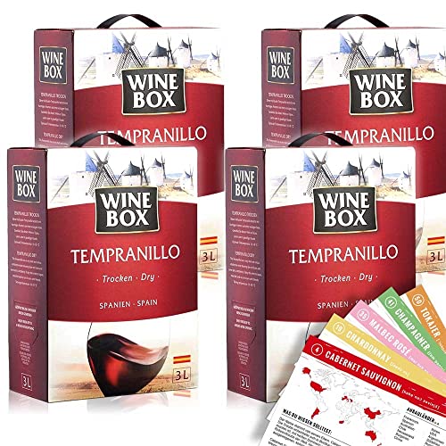 Wine Box Tempranillo, trocken, Bag-in-Box, sortenreines Weinpaket + VINOX Winecards (4x3,0l) von VINOX