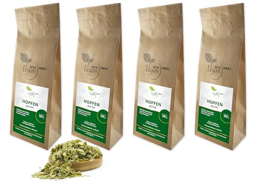 VITA IDEAL Vegan® HOPFEN - Blüten 4x 100g geschnitten & getrocknet - Humulus lupulus - HOPFENBLÜTEN - Hopfenblueten Kräuter Tee & Aufguss, ohne Zusatzstoffe. von VITA IDEAL Vegan