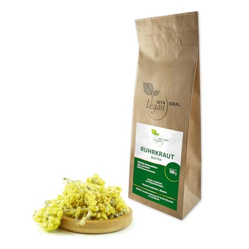 VITA IDEAL Vegan® RUHRKRAUT - Blüten 100g getrocknet - Helichrysum arenarium - Ruhrkrautblüten - RÜHR - KRAUTBLÜTEN Kräuter Tee & Aufguss, ohne Zusatzstoffe. von VITAIDEAL