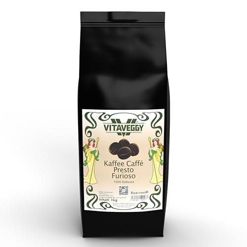 VITAVEGGY 100% ROBUSTA KAFFEEBOHNEN 12x1KG | PRESTO FURIOSO | intensiv geröstet in Deutschland | viel Koffein | Röst-Kaffee-Bohnen aus Kerala Indien | von Food-United | für starken Espresso (12) von VITAVEGGY