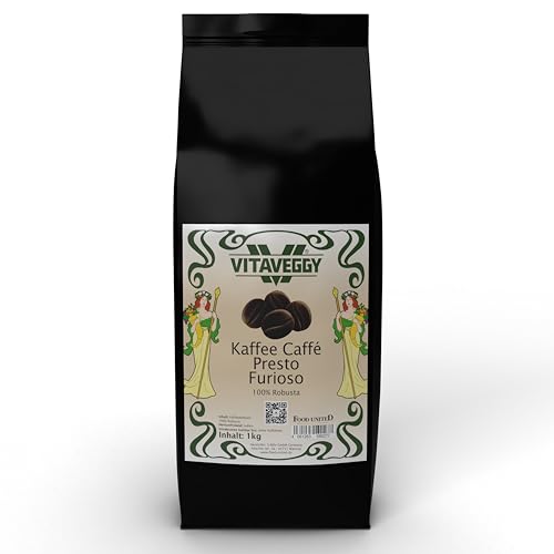 VITAVEGGY 100% ROBUSTA KAFFEEBOHNEN 1KG | PRESTO FURIOSO | intensiv geröstet in Deutschland | viel Koffein | Röst-Kaffee-Bohnen aus Kerala Indien | von Food-United | für starken Espresso (1) von VITAVEGGY