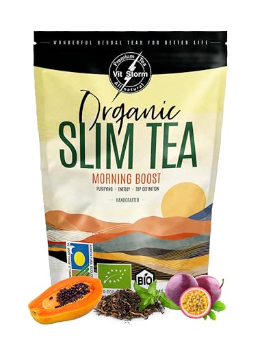 BIO SLIM TEA Morning Boost - Energy Tee & Entgiftungstee mit Grüner Tee lose, Brennnessel, Löwenzahn, Moringa Tee, Papaya, Mango, Kräutertee Detox aus Kontrolliert Biologischem Anbau, 100g – VITSTORM von VITSTORM