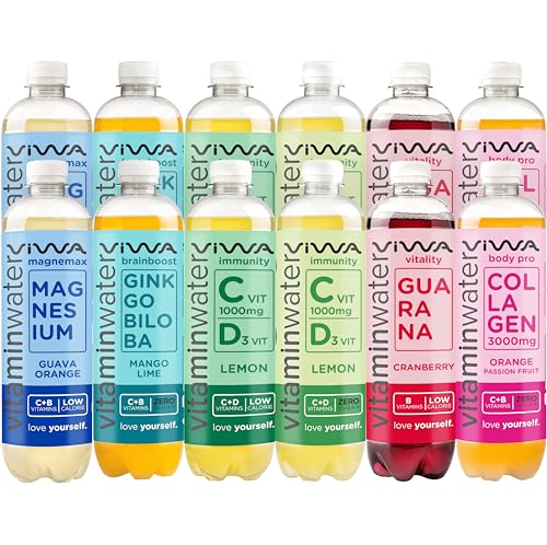 VIWA VITAMIN WATER Erfrischende Getränke mit Vitaminen und Mineralien, 6 Geschmacksrichtungen, 2 Flaschen pro Geschmack, 600 ml, 12 Stück von VIWA VITAMIN WATER