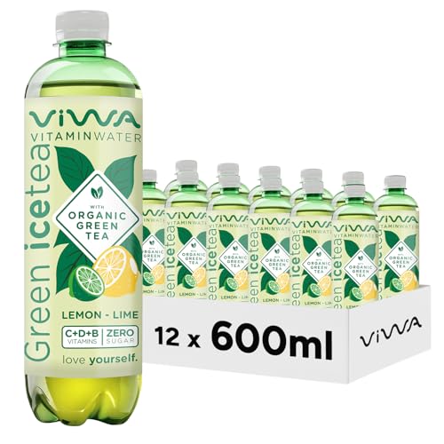 VIWA VITAMIN WATER Grüner Eistee, erfrischendes Getränk, Nullzucker mit Vitaminen und Mineralien, Limetten- und Zitronengeschmack, 600 ml, 12 Stück, Green Tea von VIWA VITAMIN WATER