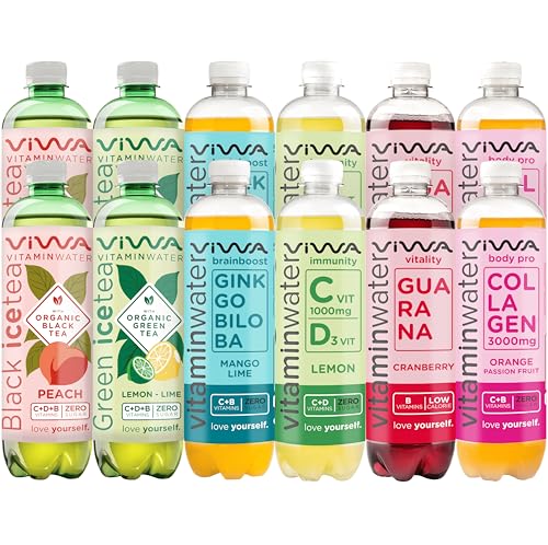 VIWA VITAMIN WATER Mix erfrischende Getränke und Eis-Tees mit Vitaminen und Mineralien, 6 Geschmacksrichtungen, 2 Flaschen pro Geschmack, 600 ml, 12 Stück von VIWA VITAMIN WATER