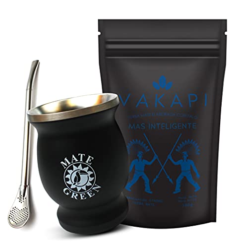 Vakapi Yerba Mate Green Set, Mas Inteligente 500g, Edelstahl-Thermobecher 230ml mit Bombilla, Mate Tee mit Sibirischer Ginseng, Teebecher, 700 g von Vakapi