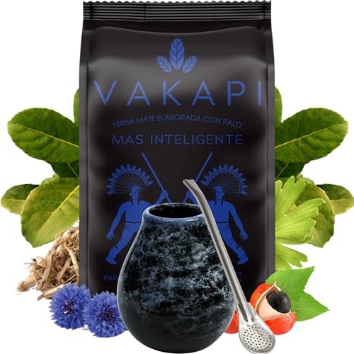 Yerba Mate-Tee Set●Mate-Tee Vakapi Mas Inteligente 500g● Mate tee becher Marmol Blue 350ml●Keramik tasse●Edelstahl trinkhalm Bombilla 19cm● Yerba-Mate-Tee-Strohhalm●Mate-Trinkgefäß● Paraguayische von Vakapi