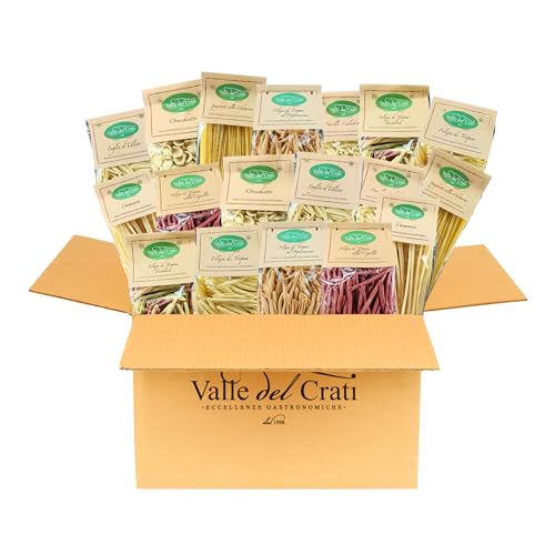 Valle del Crati Box Artisan Italienische Pasta 18 Packungen mit 500g, Italienische Artisan Pasta aus Hartweizengrieß, verschiedene Größen Spaghetti Fusilli Orecchiette und andere, 18 Packungen (9 KG) von Valle del Crati ECCELLENZE GASTRONOMICHE dal 1998