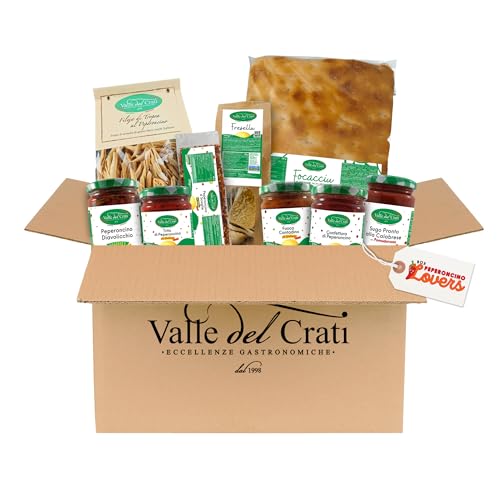 Valle del Crati Box 'Chili Lovers' mit 9 Produkten | Gastronomische Route zum Kochen | mit Pasta, Focaccia, Gewürzen, Cremes und mehr | Rezepte und Zutaten für 2-4 Personen | Gourmet Box von Valle del Crati ECCELLENZE GASTRONOMICHE dal 1998