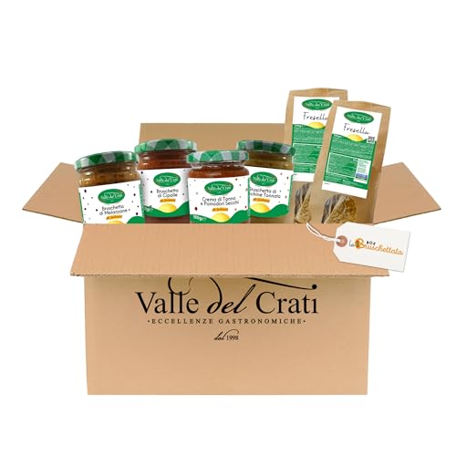 Valle del Crati Box "la Bruschettata" mit 6 Produkten | Gastronomischer Weg zum Aperitif | mit Freselle und streichfähigen Cremes | Rezepte und Zutaten für 2-4 Personen | Box Gourmet von Valle del Crati ECCELLENZE GASTRONOMICHE dal 1998