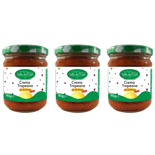 Valle del Crati Tropeana Creme | Italienische Rote-Zwiebel-Streichcreme, leicht scharf, mit Oliven und Peperoni | Zwiebelsauce zum Würzen von Fleisch Pasta Pizza | 3 Glas mit 180 g von Valle del Crati ECCELLENZE GASTRONOMICHE dal 1998