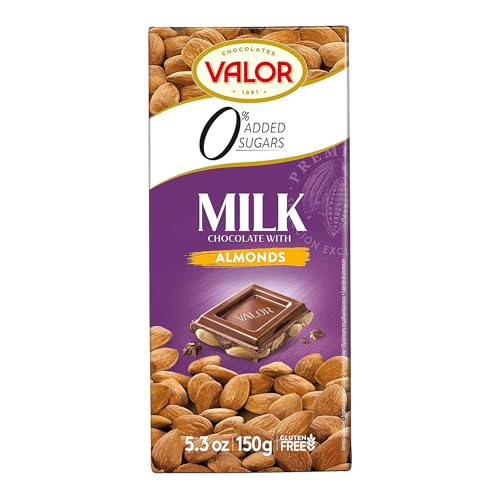 Chocolates Valor Milchschokolade mit ganzen Mandeln ohne Zucker | Glutenfrei | Bean to Bar | Mit Stevia gesüßt | 150-g-Tafel von Valor