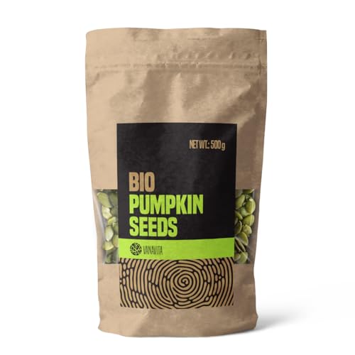 VanaVita BIO Kürbiskerne - 100% geschälte Kürbiskerne, Premium Pumpkin Seeds, ohne Salz, ohne Zucker, hoher Proteingehalt, Ballaststoffreich, vielseitig verwendbar, 500 g von VanaVita