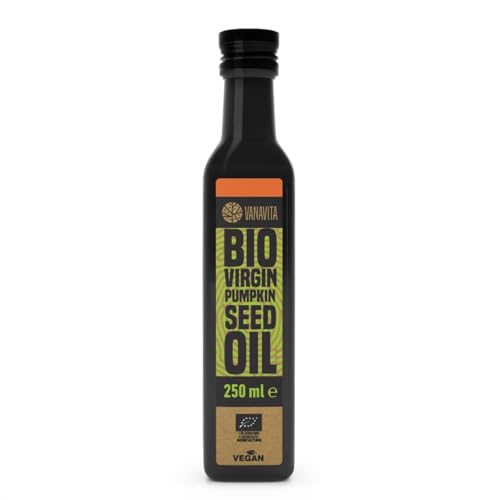 VanaVita BIO Kürbiskernöl - Kaltgepresst Kürbiskernöl, BIO-Qualität, mild-nussiger Geschmack, Pumpkin Seed Oil, Cholesterinregulierung, Oohne GVO, ideal für Salate & Kalte Rezepte, 250 ml von VanaVita