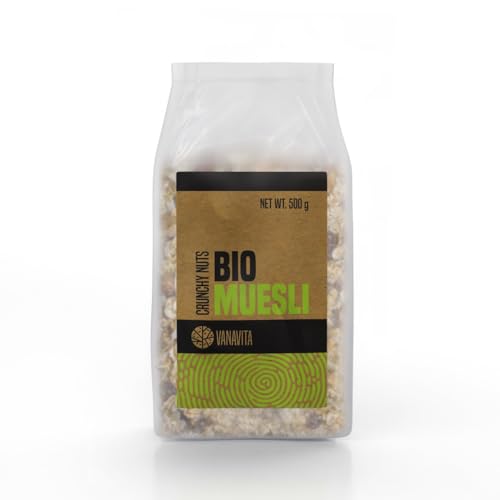 VanaVita BIO Müsli – Mischung aus fünf Getreideflockenarten, angereichert mit Nüssen, Samen & Trockenfrüchten, knusprig & köstlich, ohne GVO & Zucker (500 g (10er pack), crunchy nuts) von VanaVita