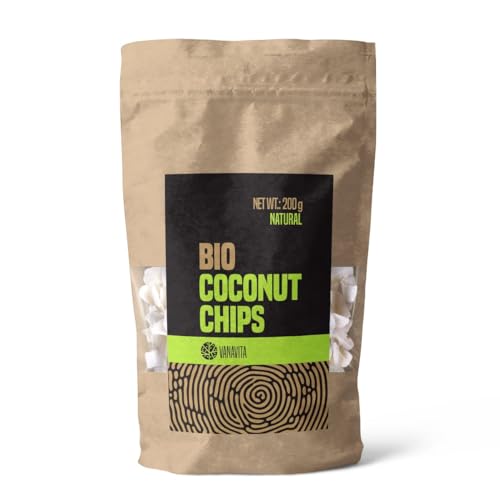 VanaVita Natürliche BIO Kokosnusschips - Reine Kokosnuss Kokoschips, ohne Zusatzstoffe, reich an Fetten & Ballaststoffen, hervorragend für Oatmeal & Joghurt, duftendes Aroma, 200g von VanaVita