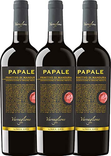 Papale Linea Oro Primitivo di Manduria DOP Varvaglione Rotwein 3 x 0,75l VINELLO - 3 x Weinpaket inkl. kostenlosem VINELLO.weinausgießer von Varvaglione