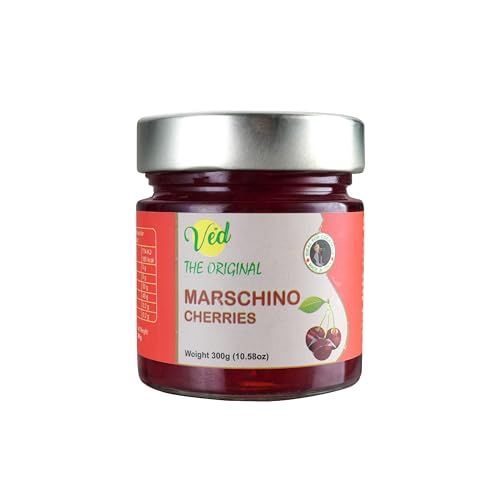 Ved Gourmet Original Red Maraschino Kirschen - Italienische Kirsche für Old Fashioned Cocktails - Veganer Cocktail, Bourbon-Kirschen in natürlichem Sirup zum Cocktail-Topping - 300g Glas von Ved