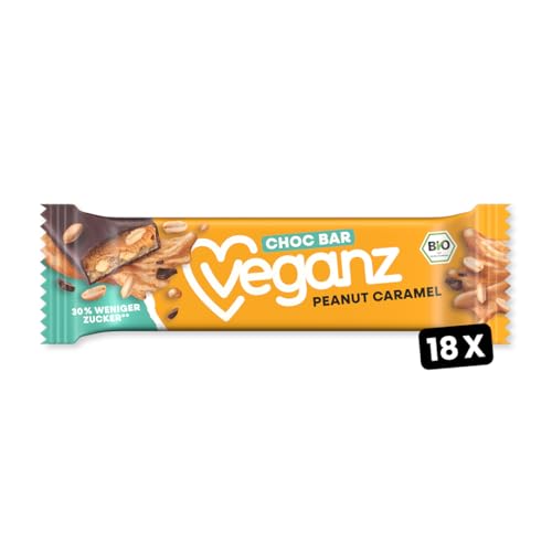 BIO Veganz Choc Bar Peanut Caramel 18 x 50g | Vegan | cremiger Erdnuss Karamell Riegel | ohne Palmöl | Snack | Proteinquelle von Veganz