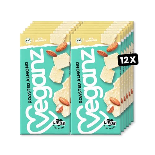 VEGANZ Bio Weiße vegane Tafel mit gerösteten Mandeln - White Roasted Almond 12x80g Vorratspack - vegan - ohne Palmöl und Emulgatoren von Veganz