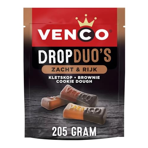 Venco Drop Duo's Lakritz Zacht & Rijk 205g I weiche, intensive Lakritze aus den Niederlanden I holländische Lakritze I mit Cookie-Fruchtgummi I Brownie, Cookie, Kletskop von Venco