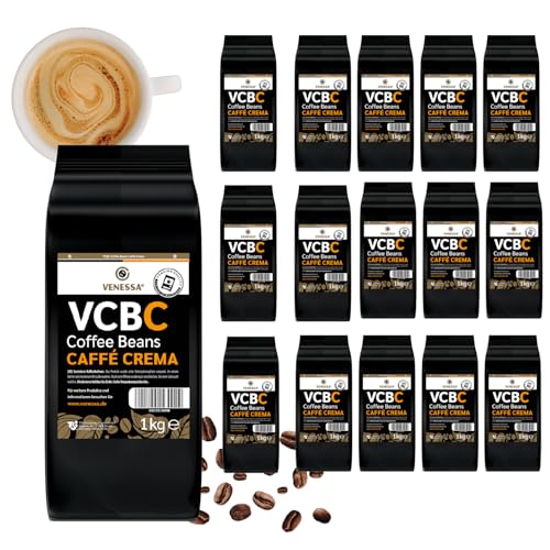 VENESSA VCBC Caffè Crema 16 x 1kg ganze Kaffee Bohnen - feine ungemahlen cremig Premium Barista Kaffee für Kaffeeautomaten, natur geröstet 100% Robusta - Vorteilspack von Venessa