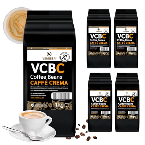 VENESSA VCBC Caffè Crema 5 x 1kg ganze Kaffee-Bohnen - ungemahlen cremig Premium Kaffee für Kaffeeautomaten, fein geröstet 100% Robusta von Venessa