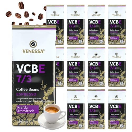 VENESSA VCBE 7/3 Espresso Ganze Bohne 12 x 1kg Vorratspack Aromatisch Kräftig Intensiv - Kaffee für alle Automaten, Unternehmen, Cafés, Barista von Venessa