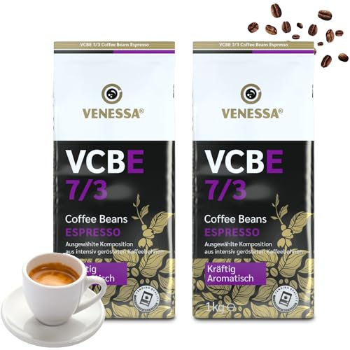 VENESSA VCBE 7/3 Espresso Ganze Kaffeebohnen 2 x 1kg ungemahlen Kräftig Intensiv - Kaffee für alle Automaten, schonend geröstet, 70% Arabica 30% Robusta von Venessa