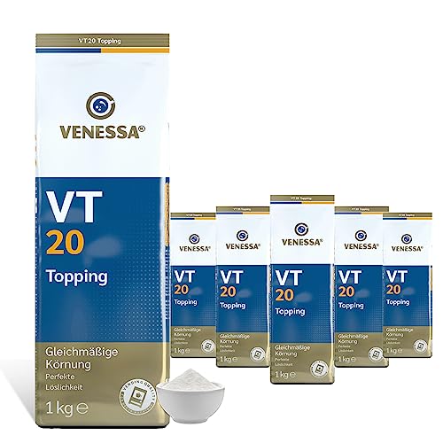 VENESSA VT20 Topping Pulver, 5 x 1kg Milchpulver für perfekten Milchkaffee und Cappuccino, 5er Vorratspackung, Kaffeevollautomaten & Vending geeignet (20% Magermilchpulver) von Venessa