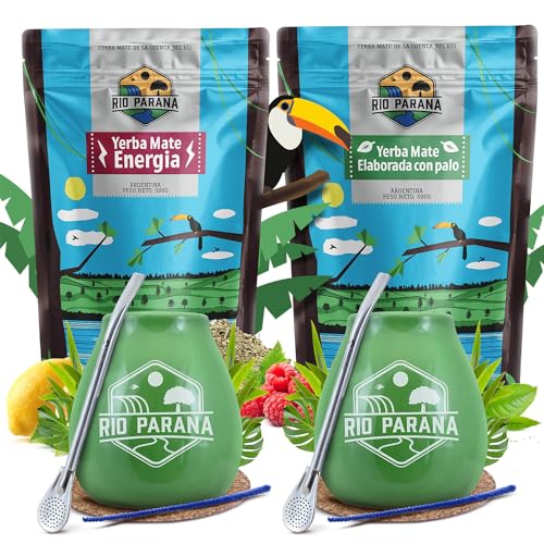 Rio Parana Mate Tee Set für zwei Personen mit Zubehör | Zweier-Pack Mate Tee | Energia und Elaborada | Kalebasse, Bombilla und Zubehör | Natürliches Koffein | 2x500g | 1kg von Venusti sp. Z o.o.