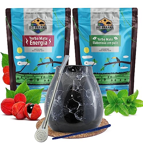 Set Mate Tee Rio Parana | Doppelpack Mate Tee | Kalebasse, Bombilla und Zubehör | Traditionell, Energie mit Guarana | Argentinische Mate Tee | Mate Tee Tee | Natürliches Koffein | 2x500g | 1kg von Venusti sp. Z o.o.