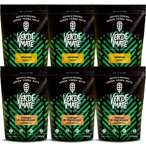 Set Mate Tee mit Früchten | Sechserpack von Mate Tee | Ananas, Mango, Maracuja | Grüner Mate Tee aus Brasilien | Tee Mate Tee | Milder Geschmack| Natürliches Koffein | 6x500g von Verde mate