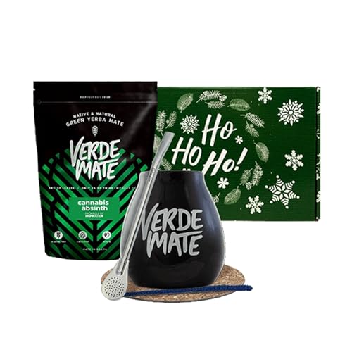 Geschenkset von Mate Tee Verde Mate mit Zubehör | Verde Mate Cannabis Absinth | Kalebasse, Bombilla und Zubehör | Brasilianische Mate Tee | Natürliches Koffein | 500g | 0,5kg von Verde mate