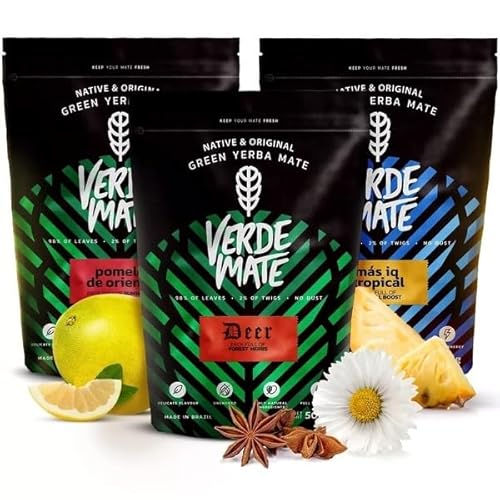 Kräuter-Früchte Yerba Mate Set | Yerba Mate mit Kräutern und Früchten | Verde Mate Green Mas IQ Tropical, Deer, Pomelo | Brasilianische Yerba Mate grün | Yerba Mate Tee | 3x500g von Verde mate