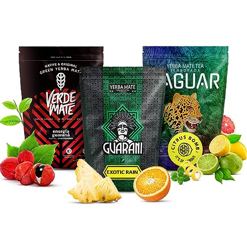 Mate Tee Set Verde Mate, Yaguar und Guarani | Dreierpack Mate Tee | Guarana, Zitrusfrüchte, tropische Früchte | Original Mate Tee | Natürliches Koffein | 3x500g | 1,5kg von Verde mate