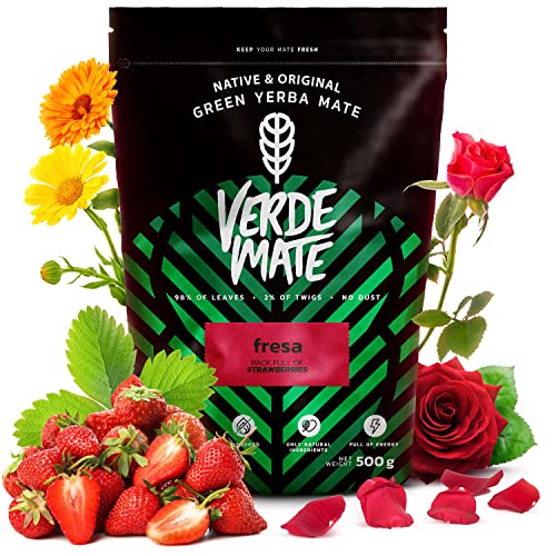 Verde Mate Green Fresa 0,5 kg | Erdbeere-Mate Tee aus der brasilianischen Plantage! | Verlockendes fruchtiges Aroma| Viel natürliches Koffein | Tee Mate Tee aus Brasilien 500 g | mit Luft getrocknet von Verde mate