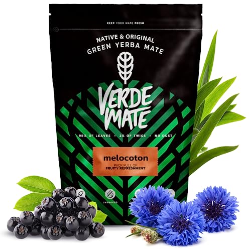 Verde Mate Green Melocoton 0,5kg| Kräuter-Früchte-Mate Tee mit Pfirsich| Apfelbeere, Brombeere ,Pfirsich| Zitronengras, Kornblumenblütenblätter| Natürliche Zusätze | Brasilianischer Mate Tee |500 g von Verde mate