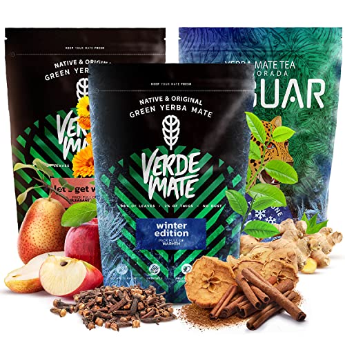 Winter Yerba Mate Set | Wärmende Yerba Mate mit Zubehör | Verde Mate Green Let's get warm, Winter Edition, YAGUAR Winter Pflaume | Brasilianische Grüne Yerba Mate | Stimulation | 3x500g von Verde mate