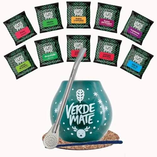 Winterset von Mate Tee Proben mit Zubehör | Mate Tee Verde Mate Grün | Kalebasse und Mate Tee Bombilla | Brasilianische Mate Tee | 10x50g | Natürliches Koffein | 500g | 0,5kg von Verde mate