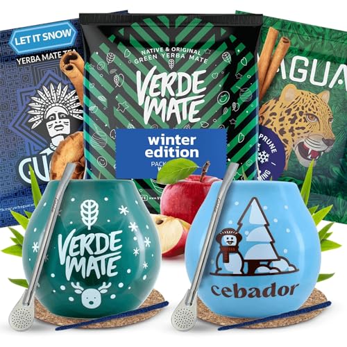 Winterset von Mate Tee Proben mit Zubehör | Mate Tee Yaguar, Verde Mate, Guarani | 2x Kalebasse, 2x Mate Tee bombilla | 3x50g | Natürliches Koffein | 150g von Verde mate