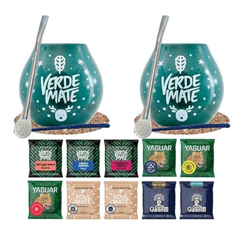 Winterset von Mate Tee Proben mit Zubehör | Mate Tee Yaguar, Verde Mate, Soul Mate, Guarani | 2x Kalebasse, 2x Mate Tee bombilla | 10x50g | Natürliches Koffein | 500g | 0.5kg von Verde mate