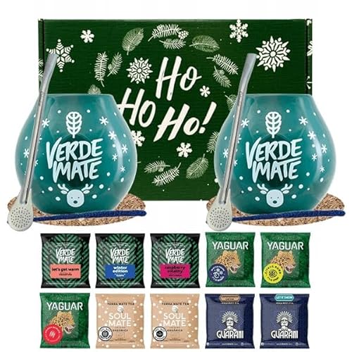 Winterset von Mate Tee Proben mit Zubehör | Mate Tee Yaguar, Verde Mate, Soul Mate, Guarani | 2x Kalebasse, 2x Mate Tee bombilla | 10x50g | Natürliches Koffein | 500g | 0.5kg von Verde mate