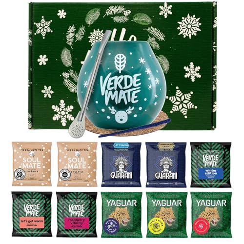 Winterset von Mate Tee Proben mit Zubehör | Mate Tee Yaguar, Verde Mate, Soul Mate, Guarani | Calabash und Mate Tee bombilla | 10x50g | Natürliches Koffein | 500g | 0.5kg von Verde mate