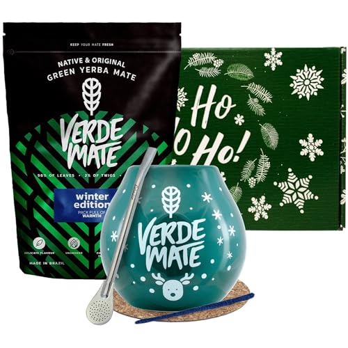 Winterset von Mate Tee Verde Mate mit Zubehör | Verde Mate Green Winter Edition | Kalebasse, Bombilla und Zubehör | Brasilianische Mate Tee | Natürliches Koffein | 500g | 0,5kg von Verde mate