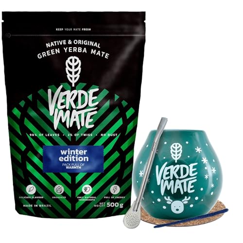 Winterset von Mate Tee Verde Mate mit Zubehör | Verde Mate Green Winter Edition | Kalebasse, Bombilla und Zubehör | Brasilianische Mate Tee | Natürliches Koffein | 500g | 0,5kg von Verde mate