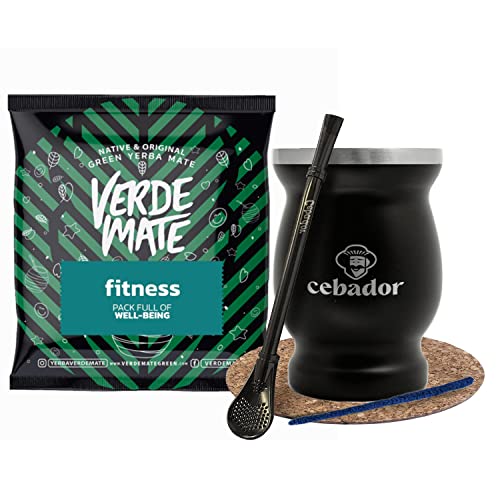 Verde mate Yerba Mate Set mit schwarzem TermoMate Kürbis Cebador + Bombilla + Zubehör Green Fitness Probe 50g | Yerba Mate, Zitronengras, Maulbeerblatt, Zistrose, Minze Ringelblume von Verde mate