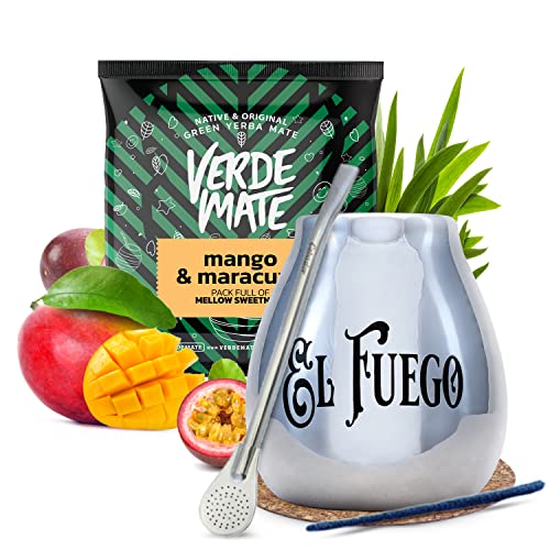 Yerba Mate Zubehörset mit 50g Probe | Verde Mate Grün | Calabash, Bombilla | Mango, Maracuya | Tropische Früchte | Brasilianische grüne Yerba Mate | Mild | Natürliches Koffein | 50g von Verde mate