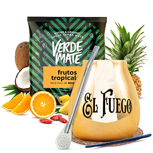 Yerba Mate Zubehörset mit 50g Probe | Verde Mate Grün | Kalebasse, Bombilla | Goji-Beeren, Ananas, Pomelo | Tropische Früchte | Brasilianische grüne Yerba Mate | Mild | Natürliches Koffein | 50g von Verde mate