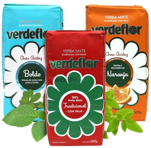 Argentinien Yerba Mate-Tee Set 1,5kg●Mate-Tee Verdeflor Tradicional 500g●Verdeflor Naranja 500g mit Orangen Aroma●Verdeflor Boldo 500g mit Minze●Poleo und Boldo Kraut●lose Blätter●Elaborada Mate-Tee von Verdeflor